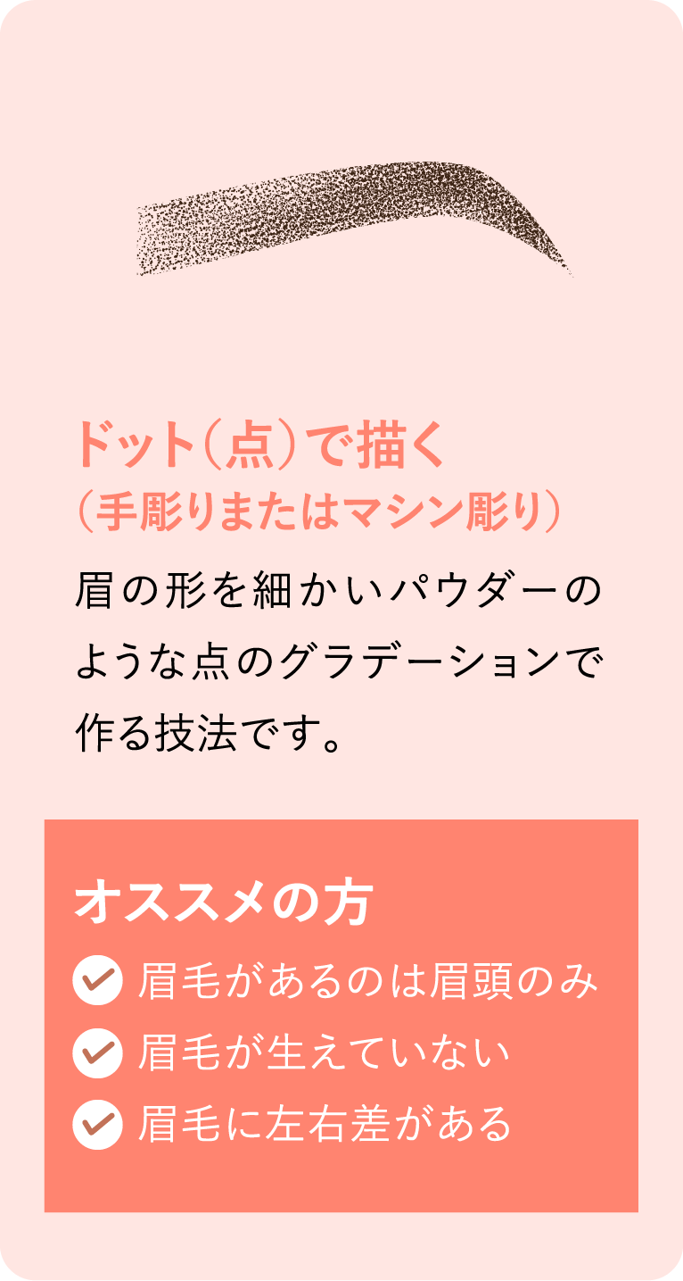 ドット（点）で描く（手彫りまたはマシン彫り） 眉の形を細かいパウダーのような点のグラデーションで作る技法です。 オススメの方 眉毛があるのは眉頭のみ 眉毛が生えていない 眉毛に左右差がある