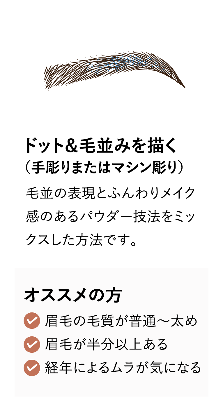 ドット＆毛並みを描く（手彫りまたはマシン彫り） 毛並の表現とふんわりメイク感のあるパウダー技法をミックスした方法です。 オススメの方 眉毛の毛質が普通〜太め 眉毛が半分以上ある 経年によるムラが気になる